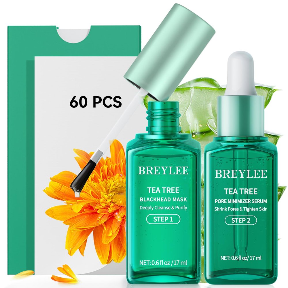 BREYLEE Blackhead Remover Mask & Pore Minimizer Serum, Tea Tree Oil Nose Pore Strips +100 papers, Oil Control Firming, Shrinking Pore & Tightening Skin
