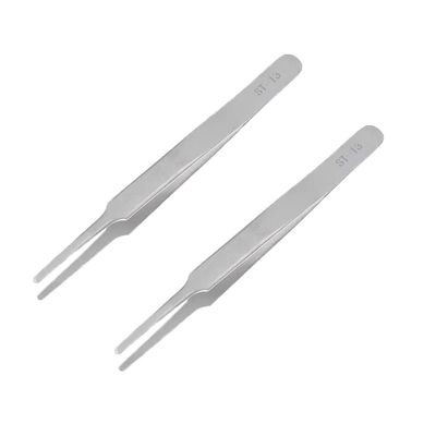 2 Pack Ultra-Fine High Precision Stainless Steel Tweezers Thick Tip Curved Head Flat Head Tweezers Straight Tweezers Electronic Repair Clips (silvery,ST-13(120mm))