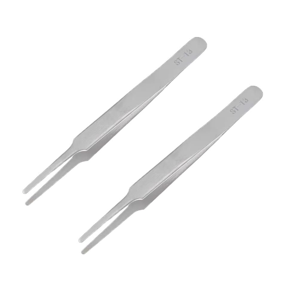 2 Pack Ultra-Fine High Precision Stainless Steel Tweezers Thick Tip Curved Head Flat Head Tweezers Straight Tweezers Electronic Repair Clips (silvery,ST-13(120mm))