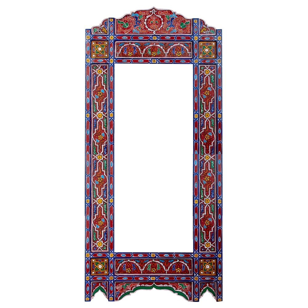 Red & Blue Moroccan frame for mirror, 61"x24"Full length Floor mirror frame, Farmhouse vertical mirror, handpainted Bathroom Mirror frame, Hanging wall art wooden frame, (Glass not included)