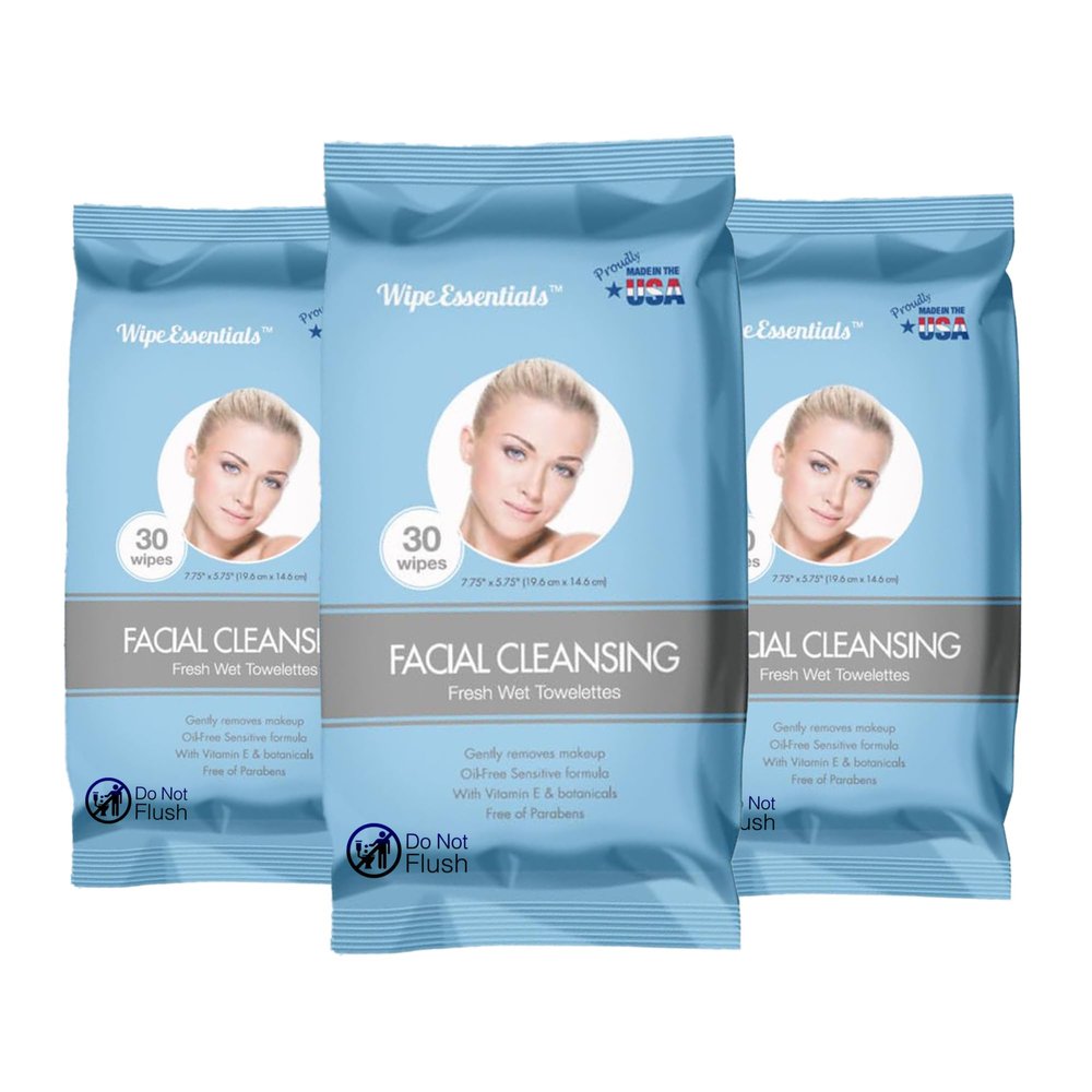 WipEssentials Facial Cleansing Wet Wipes - Travel Makeup Remover Wipes, Oil-free, Non-Greasy Wet Wipes, 3-Pack (30 Wipes Each)