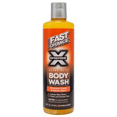 Fast Orange 25716 Grease X Body Wash, Exfoliating & Hydrating Heavy Duty Shower Gel for Men and Women, Mechanic & Industrial Body Soap Removes Grime, Oil, Automotive Odors & More, Citrus Scent 16 Oz.