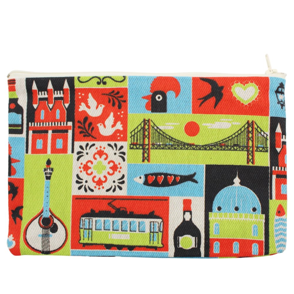 100% Cotton Portuguese Icons Organizer Pouch with Zipper  Colorful Design Featuring Lisbon Landmarks, Tram, and Sardine Patterns