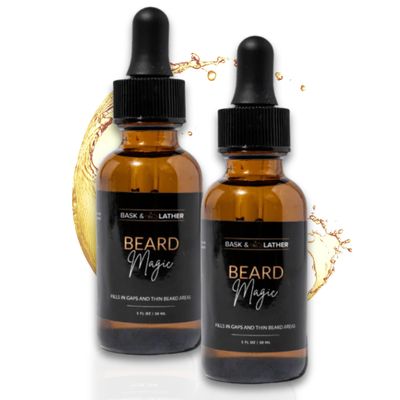 BASK & LATHER Beard Magic Growth Oil for Men, Helps Stimulate Hair Growth and Softness, Natural Beard Oil For Bald Spots and Patchy or Thin Beards, Supports a Thicker Fuller Beard, 1 fl oz, 2PK