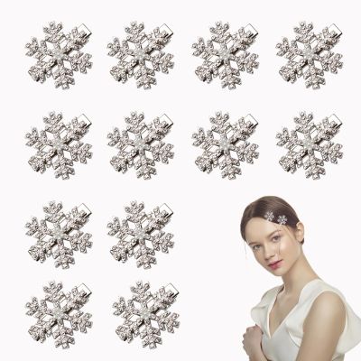 12 Pcs Snowflake Hair Clips - Rhinestone Pearl Accessories, Christmas Sparkly Pins, Cute Small Silver Metal Barrettes for Women Girls