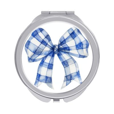 DuduYH Blue and White Cheqered Bow Compact Mirror Watercolor Women Pocket Mirror,Girls Small Mirror for Purse, Portable Travel Makeup Mini Mirror 1x/2x Magnifying Compact Mirror