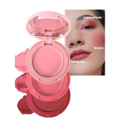 3-in-1 Blendable Trio 3D Blush Trio Palette Contour Highlight Blush Makeup Palette Cream Bronzer Silky Smooth Powder Blush Shimmer Highlighter Makeup Powder Pink Brown Eyeshadow Palette