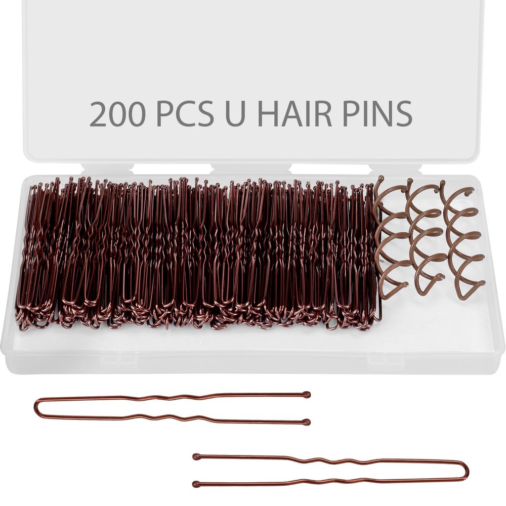 203 Count Bun Hair Pins - 200 Bobby Pins and 3 Kitsch Spin Pins With Storage Box, Brown U Shaped French Pin (Brown)