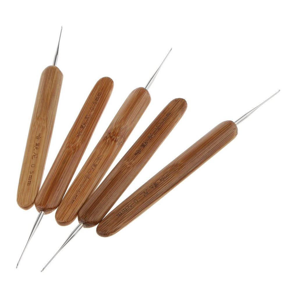 5Pcs Hair Crochet Hook Set - Natural Bamboo, 0.75mm Hooks - Time-Saving Dreadlock Fixing - for Hair Weaving and Extension Tools - 0.5mm, As Pictures Shown