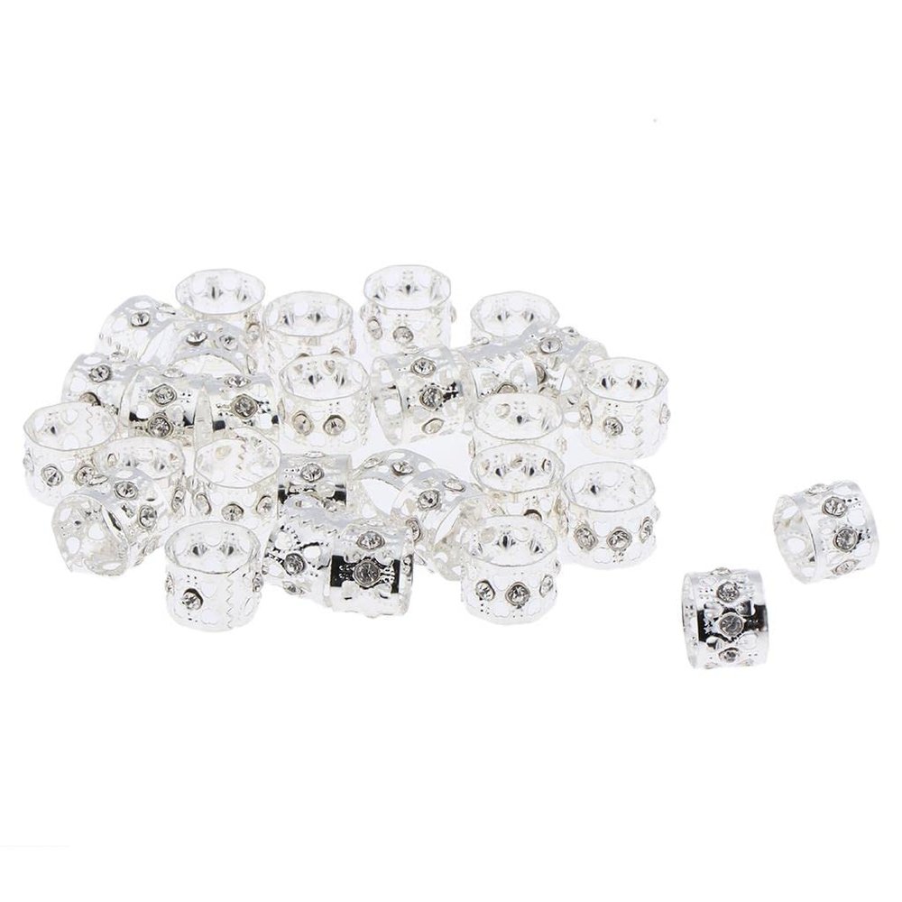 30 Piece Hair Jewelry Circles Beads Hair Extension Dreadlocks for Bold Exotic Hairstyle, Twisted Braids, and Beauty Hair Salon - Trendy Crystal Metal Cuffs - - Silver
