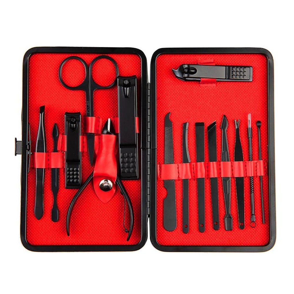 Portable Manicure Pedicure Set 15/16 Pieces with Nail Skin Care Cutter Tools for Travel and Household Use - Stainless Steel Cuticle Clippers Tool Kit for - 15 pieces, Black