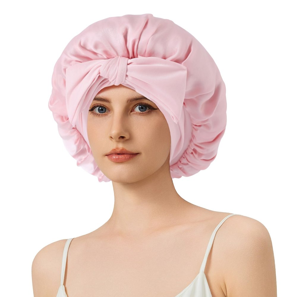 100% Mulberry Silk Bonnet for Sleeping for Women, 22 Momme Grade-6A Single-Layer Silk Bonnet Hair Wrap for Curly Hair Sleep Cap with Soft Long Elastic Bands(1PCS,Pink)