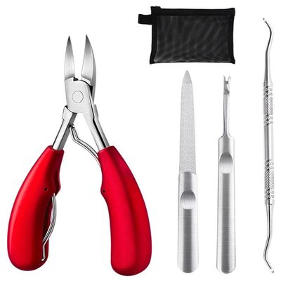 Stainless Steel 4-in-1 Nail Clippers Set for Thick Toenails and Fingernails - Long Handle, Nail File, Lifter, Dead Skin Fork - Elderly Gift - Red