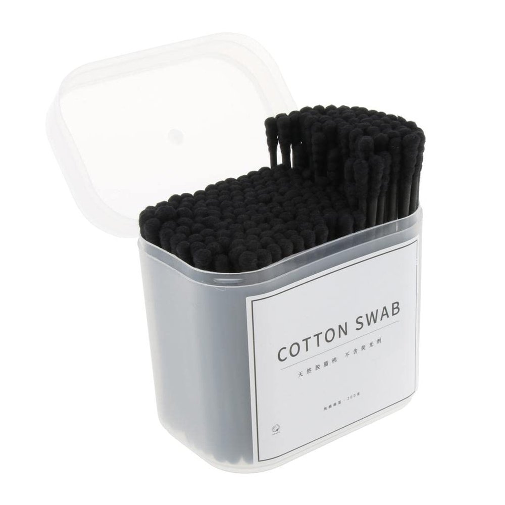 200pcs Double Head Cotton Swabs with Wooden Handle for Makeup and Cosmetics Removal, 100% Pure Cotton, 3.15 inch Long - Black