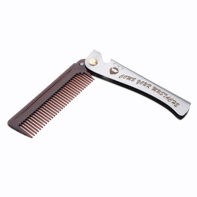 Folding Beard Mustache Shaving Brush & Comb - Travel Size Stainless Steel, Rust-, Beer Bottle Opener - Men's Grooming Essential for Home and Travel - Brown
