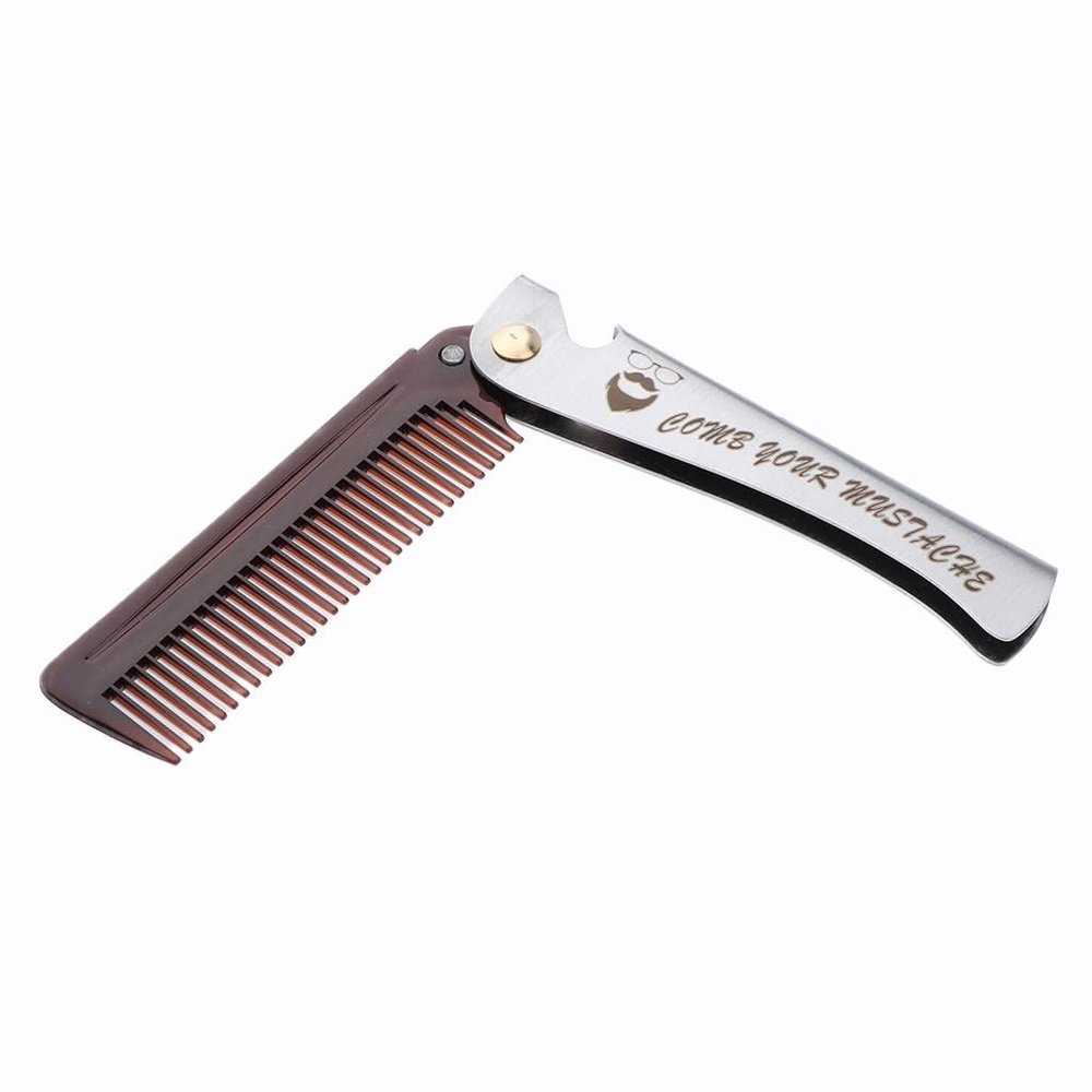 Folding Beard Mustache Shaving Brush & Comb - Travel Size Stainless Steel, Rust-, Beer Bottle Opener - Men's Grooming Essential for Home and Travel - Brown