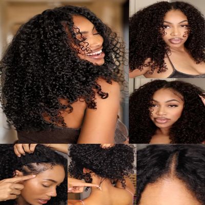 Sunber Curly V Part Human Hair Wigs Upgraded U Part Wigs for Women Glueless V Shape Wigs Afro Curly Wig No Leave Out No Gel No Lace V Shape Clip Beginner Ready to Go Wig Natural Black Color 26Inch
