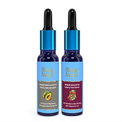 Blue Nectar Dark Circles Under Eye Serum with Plant Based Niacinamide from Potato (1Fl Oz) Paired with Manjistha Vitamin C Face Serum for Anti Wrinkle & Skin Firming (1FlOz)