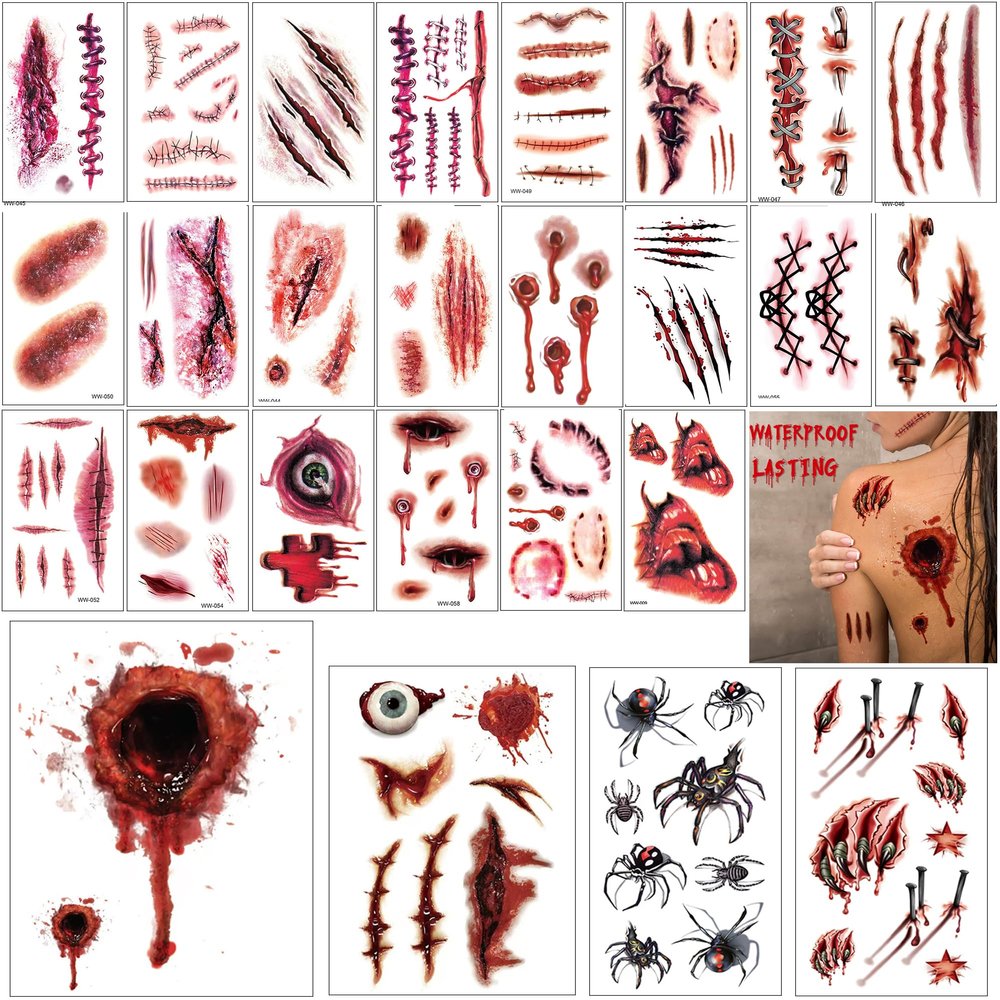 26 Sheets Halloween Wound Simulation Tattoo Stickers - Waterproof