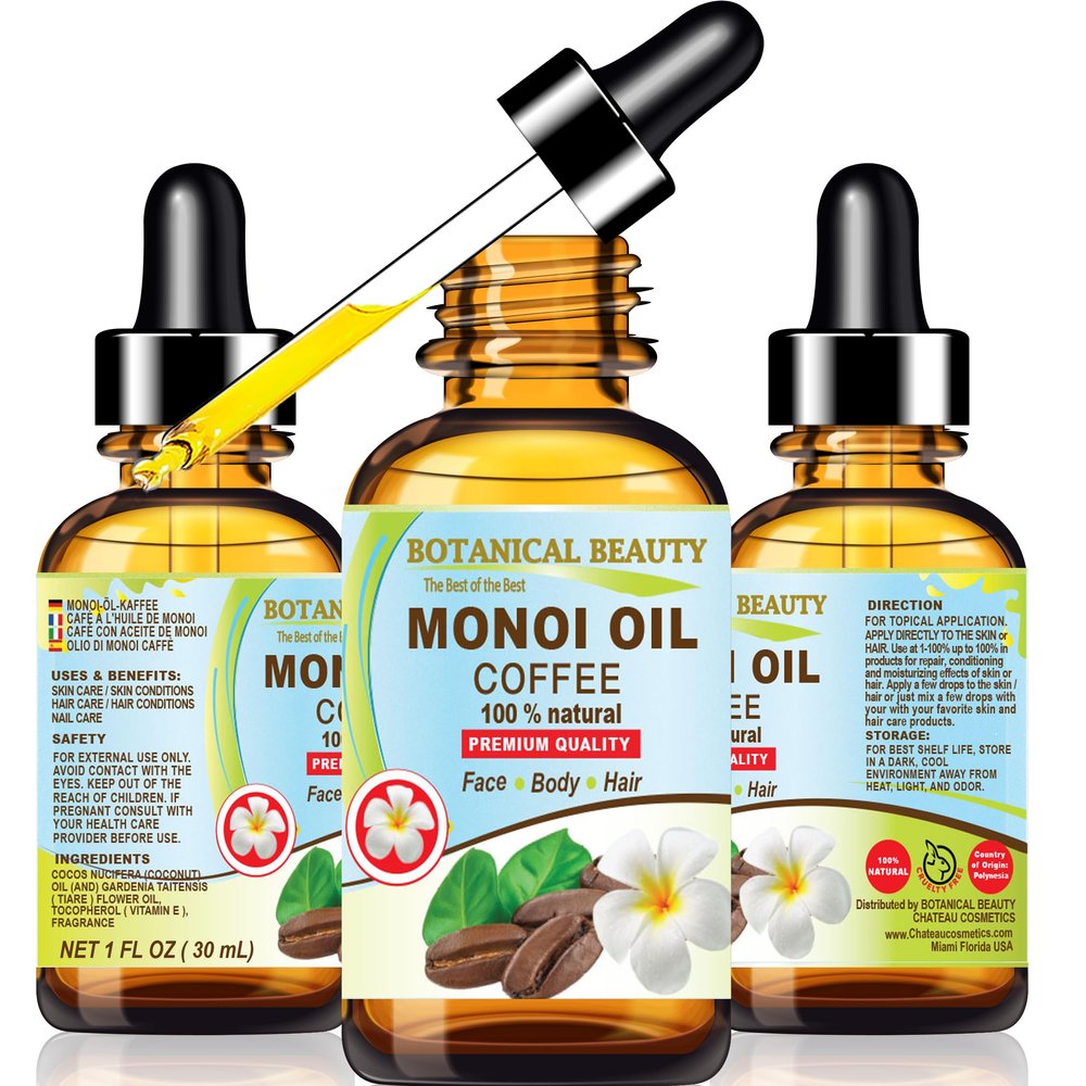 Botanical Beauty MONOI OIL COFFEE. Frangipani flowers in Coconut Oil with Coffee aroma. 100% Natural Pure for FACE, SKIN, BODY, HAIR, NAILS. Luxury Beauty Oil (1 Fl Oz 30 ml)