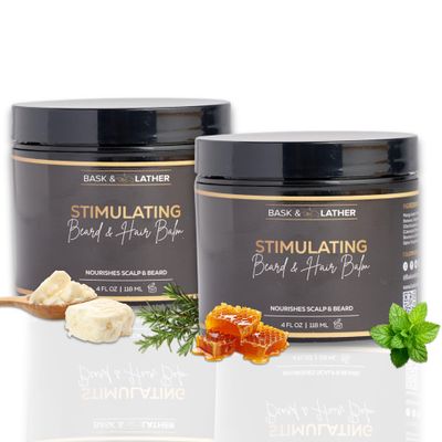 BASK & LATHER Hair & Beard Balm, Leave-in Conditioner with Essential Oils, Mango & Shea Butter, Relieves Itchy Scalp, Strengthens & Shines Hair & Beard, 4 fl oz, 2PK