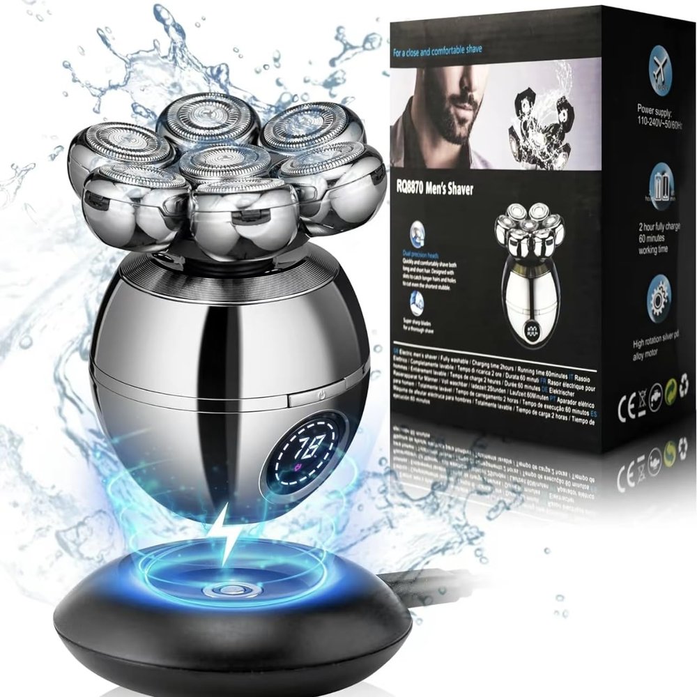Electric Head Shaver 6 in 1 Wet and Dry Trimmer, Comes with Charging Base - Comfortable Handle Smooth Shave