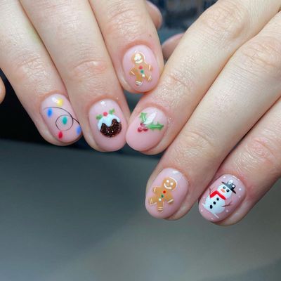Christmas Press on Nails Short Square Fake Nails with Snowman Gingerbread Man Designs Christmas Illumination Christmas Acrylic Nails Full Cover False Nails Christmas Nail Art Decoration for Women 24Pc