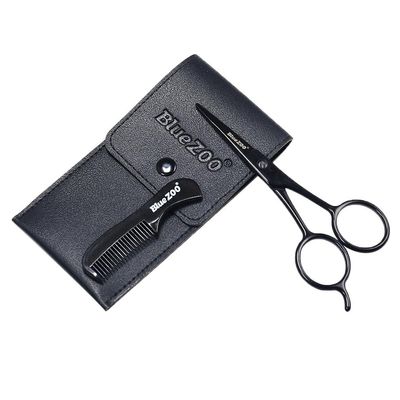 Stainless Steel Men Beard Scissors Mustache Grooming Set with Fine Tooth Comb & PU Leather Bag, for Home or Travel, & Easy to Clean, Perfect Beard Styling - Black