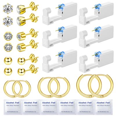 Nunpag 24 Pcs Ear Piercing Kit Ear Disposable Piercing Gun Kit Includes 6 Pcs Self Piercing Gun 12 Pcs Cubic Zirconia Earrings Stud Hoop Earrings Easy-to-Use Ear Piercer Kit Tool