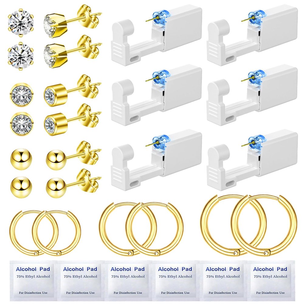 Nunpag 24 Pcs Ear Piercing Kit Ear Disposable Piercing Gun Kit Includes 6 Pcs Self Piercing Gun 12 Pcs Cubic Zirconia Earrings Stud Hoop Earrings Easy-to-Use Ear Piercer Kit Tool