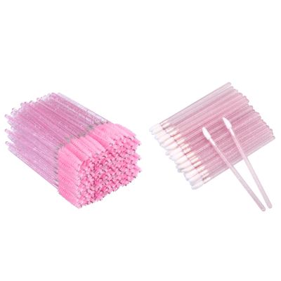100PCS Glitter Crystal Lip Brush, Disposable Lip Brushes for Lip Gloss Lipstick, 300PCS Crystal Eyelash Brushes, Pink Disposable Mascara Wands for Eyelash Extensions and Eyebrow Brush