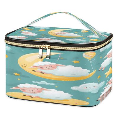 Travel Makeup Bag Sleeping Sheep PU Large Capacity Cosmetic Bag for Women Portable Cosmetic Bag with Handle for Girls Wedding Makeup Brushes