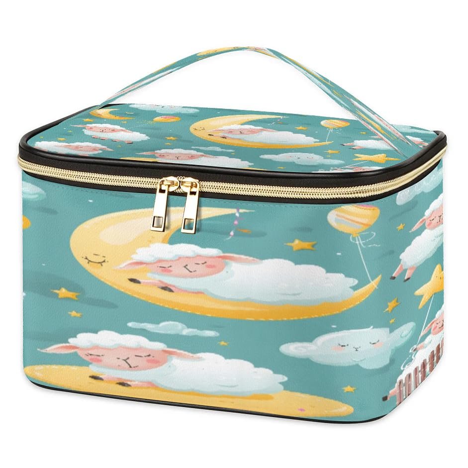 Travel Makeup Bag Sleeping Sheep PU Large Capacity Cosmetic Bag for Women Portable Cosmetic Bag with Handle for Girls Wedding Makeup Brushes