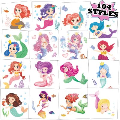 104 PCS Mermaid Temporary Tattoos for Kids Girls Birthday Decorations, Mermaid Fake Temp Tattoos Party Favors for Under The Sea Party Decorations Supplies