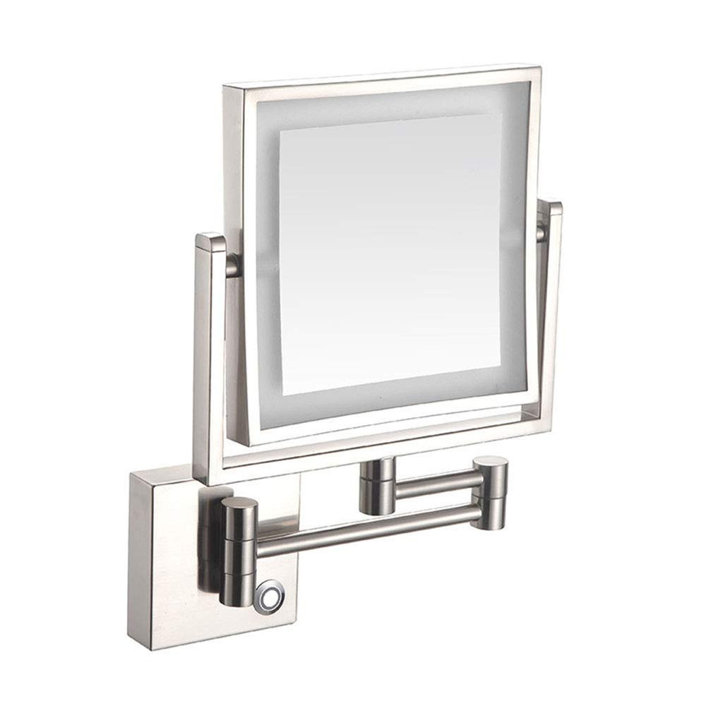 KNKQZXVDF Wall Mounted Makeup Mirror with LED Lighted,3X Magnification,360 Degree Swivel,Two-Sided Extendable,8 Inch Rectangle,Extendable Arm,for Bathroom(Nickel,Plug)