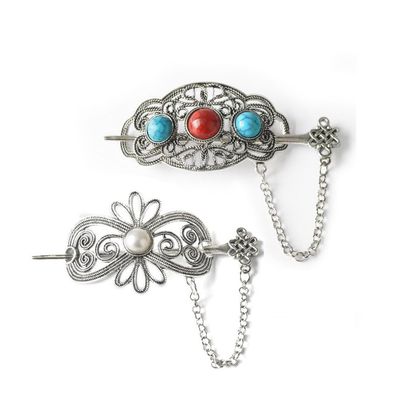 2pcs Vintage Metal Hair Barrette, Viking Hair Slide Pins Artificial Turquoise Hair Barrettes Retro Hair Sticks,Minimalist Hair Accessories for Women