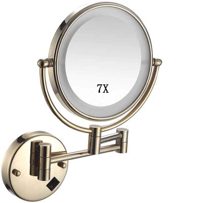 EYPVCLST Makeup Mirror Wall Mounted with 7X Magnification Round Makeup Mirror 360 Rotation Double-Sided Mirror USB Rechargeable(Gold)