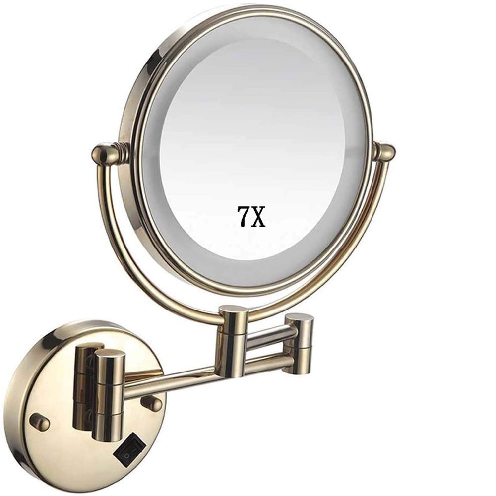 EYPVCLST Makeup Mirror Wall Mounted with 7X Magnification Round Makeup Mirror 360 Rotation Double-Sided Mirror USB Rechargeable(Gold)