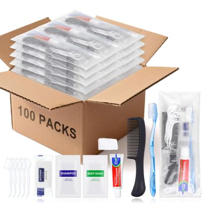 100 Sets Personal Hygiene Kit Basic Toiletry Kits Homeless Supplies Bulk for Travel,Include 100 Toothbrush, 100 Toothpaste, 100 Comb, 100 Bath Soap, 100 Shampoo,100 BodyWash, 500Floss Picks