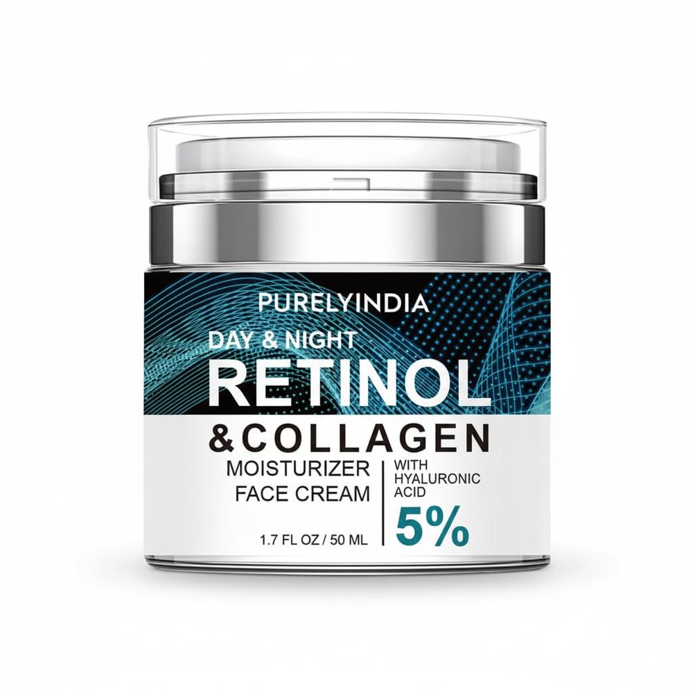 Purelyindia Retinol Face Cream 5% | Anti-Aging Moisturizer with Collagen & Hyaluronic Acid for Deep Wrinkles, Fine Lines & Dark Spots | Day & Night Hydrating Skin Care for Women & Men, 1.85 fl oz