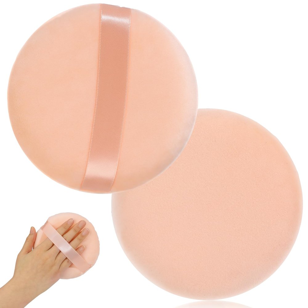 2Pcs Powder Puff 5Inch Body Powder Puff Large Loose Powder Puff Round Velour Powder Puff Ultra Soft Washable Fluffy Body Powder with Ribbon