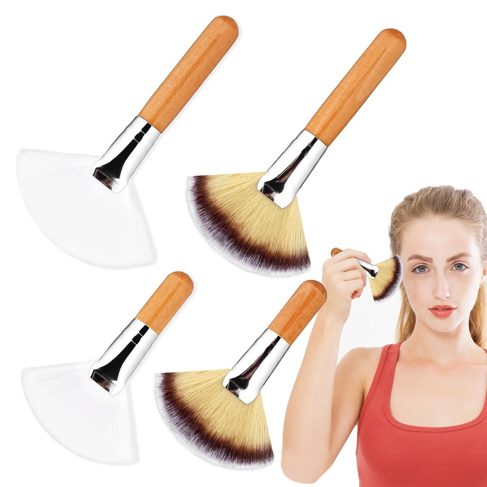4 Pcs Fan Brushes Facial Highlighting Make Up Brush Soft Bristle Blush Brush Esthetician Fluffy Fan Brushes Face Cosmetic Tools with Long and Short Handle for Women Loose Powder Blush