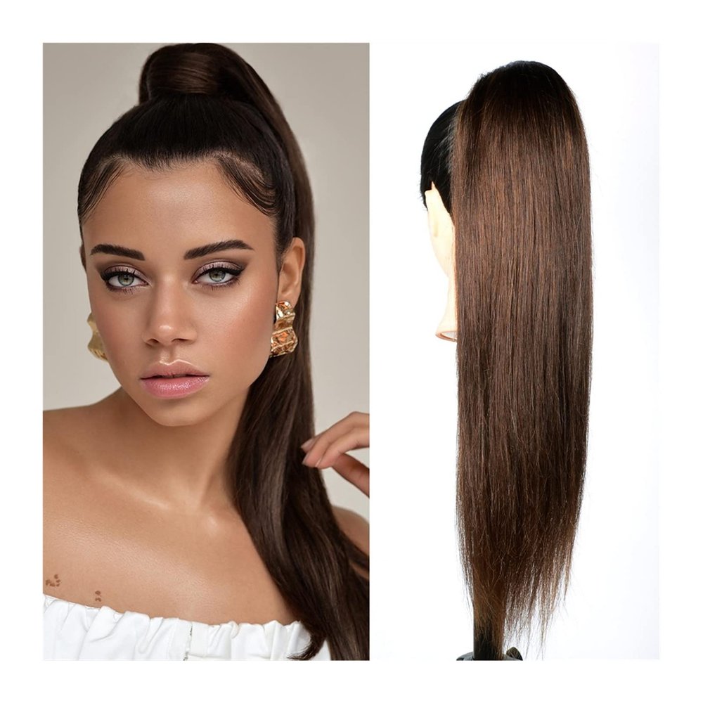 Ponytail Hair Extensions 12-26" Brazilian Remy Hair Clip In Straight Hair Ponytail Hairpiece Long Ponytail Extensions Dark Brown Straight Drawstring Ponytail Human Hair Pony Tails Extensions Human Hai