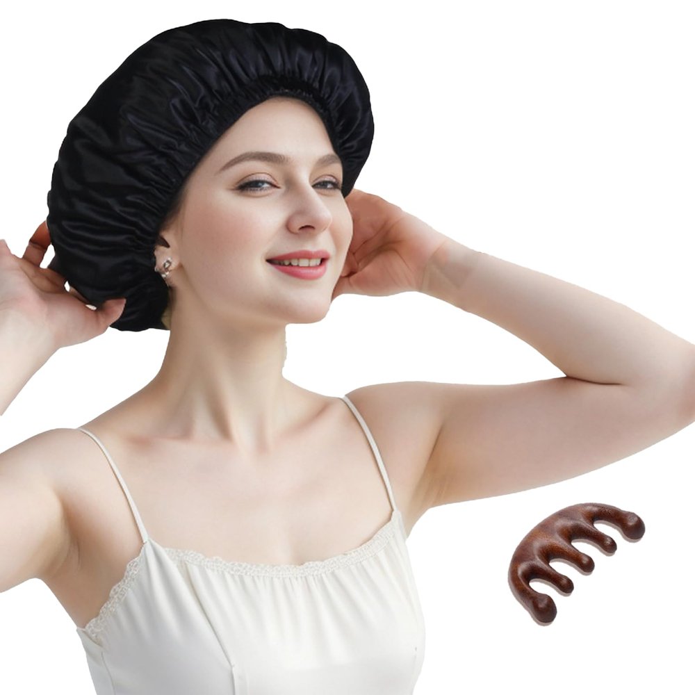 100% Mulberry Silk Bonnet for Sleeping Women Long Hair -Double Layer Sleep Cap -Silk Sleep Bonnet with Elastic Stay On Head (Black, Large)