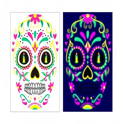 1 Pcs Halloween Neon Temporary Tattoos, Skull Flower Designs Glow-in-the-Dark Tattoos for Adults, Waterproof full Face Art Decoration Stickers for Women and Man