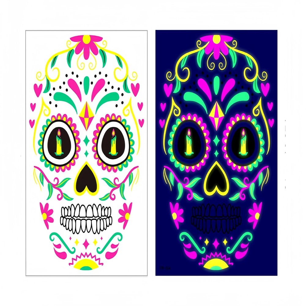 1 Pcs Halloween Neon Temporary Tattoos, Skull Flower Designs Glow-in-the-Dark Tattoos for Adults, Waterproof full Face Art Decoration Stickers for Women and Man