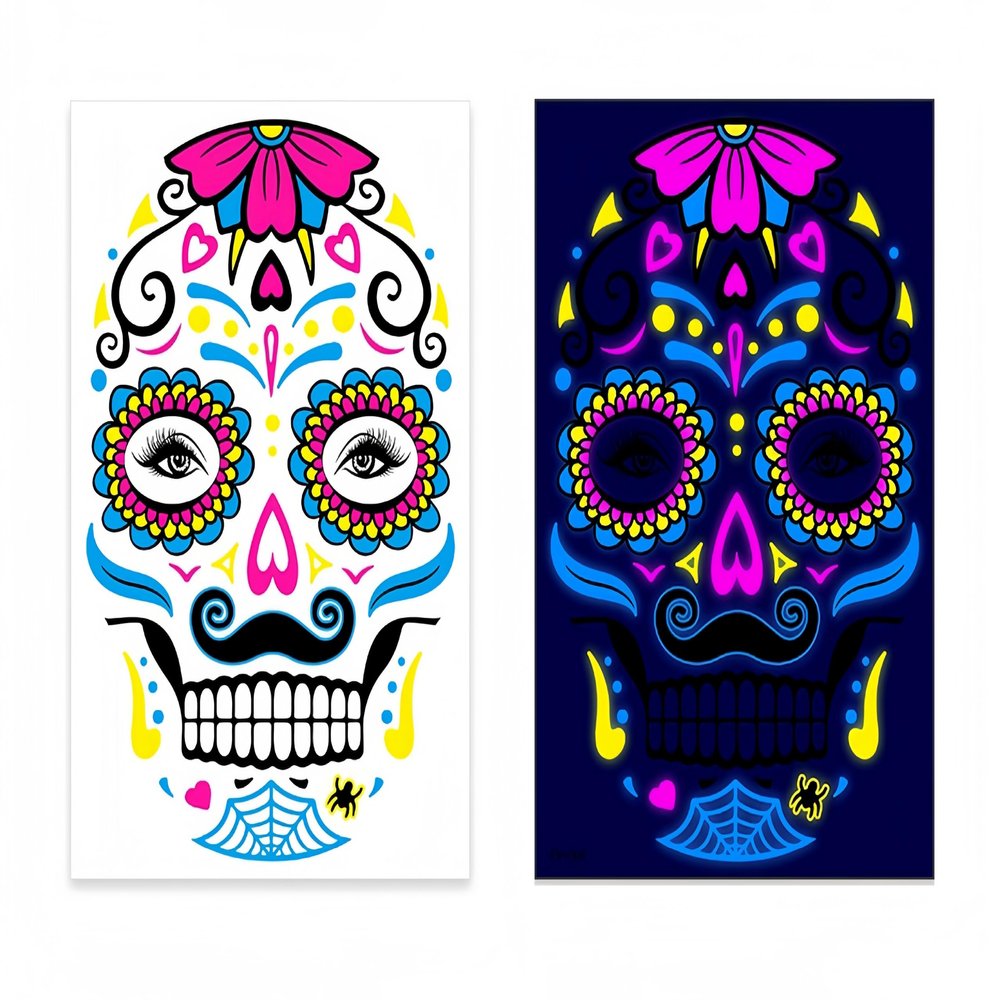 1 Pcs Halloween Neon Temporary Tattoos, Skull Flower Designs Glow-in-the-Dark Tattoos for Adults, Waterproof full Face Art Decoration Stickers for Women and Man