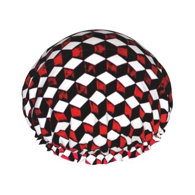 3D Red Checkered Print Double Layers Shower Cap Bathing Shower Caps Ladies Men Shower Caps Salon Home Use