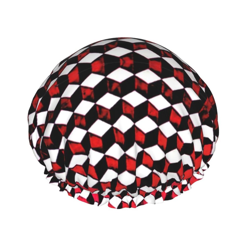 3D Red Checkered Print Double Layers Shower Cap Bathing Shower Caps Ladies Men Shower Caps Salon Home Use