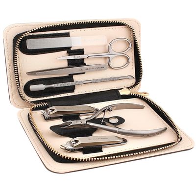 Beauty Power Manicure Pedicure Set 7-in-1 Stainless Steel, Ultra Sharp, Slanted Nail Clipper, Fingernail Clipper, Cuticle Nipper, Glass Nail File, Eyebrow Tweezers, Scissors, Case Gift (Matte Gray)